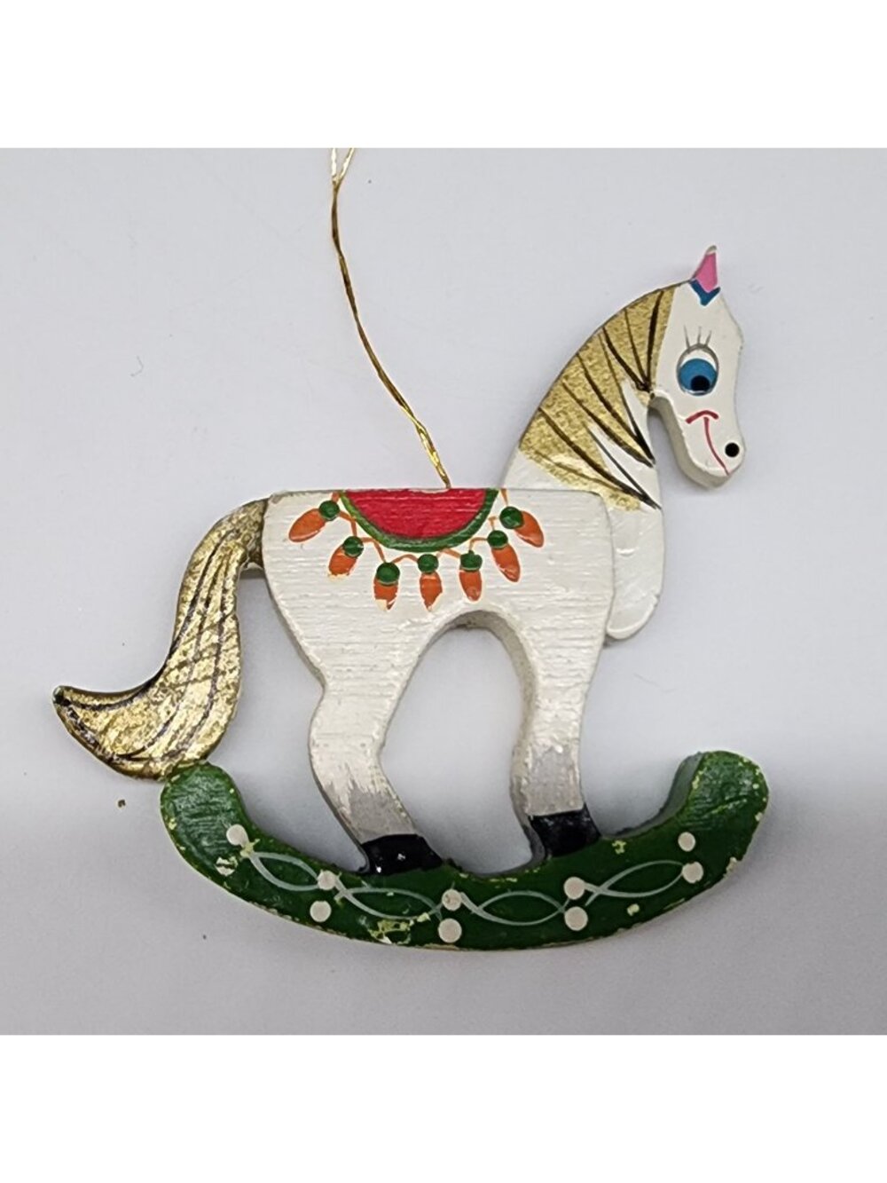 Wooden Rocking Horse Christmas Ornament 3.75" Hand Painted Vintage